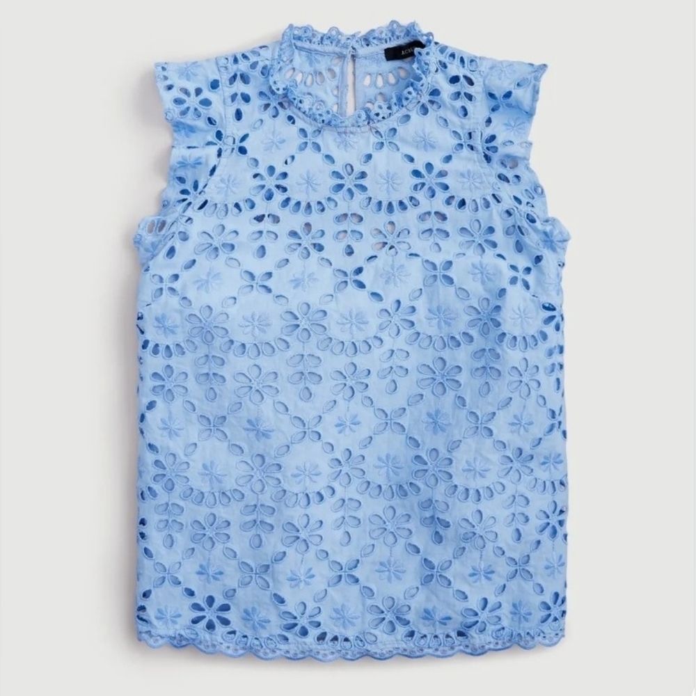 J.Crew Blue Mock Neck Top Embroudered Eyelet Sleeveless Blouse